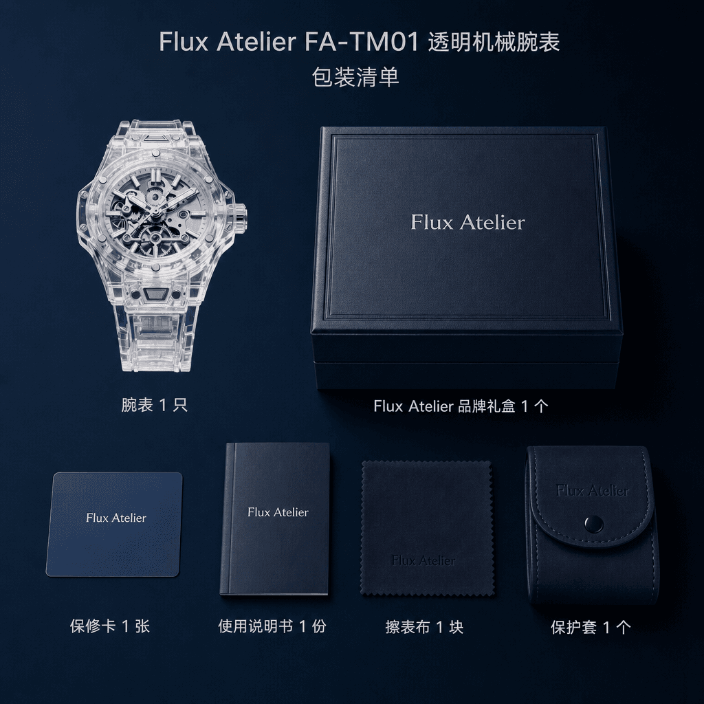 Front, side, and strap views of the Flux Atelier transparent mechanical watch