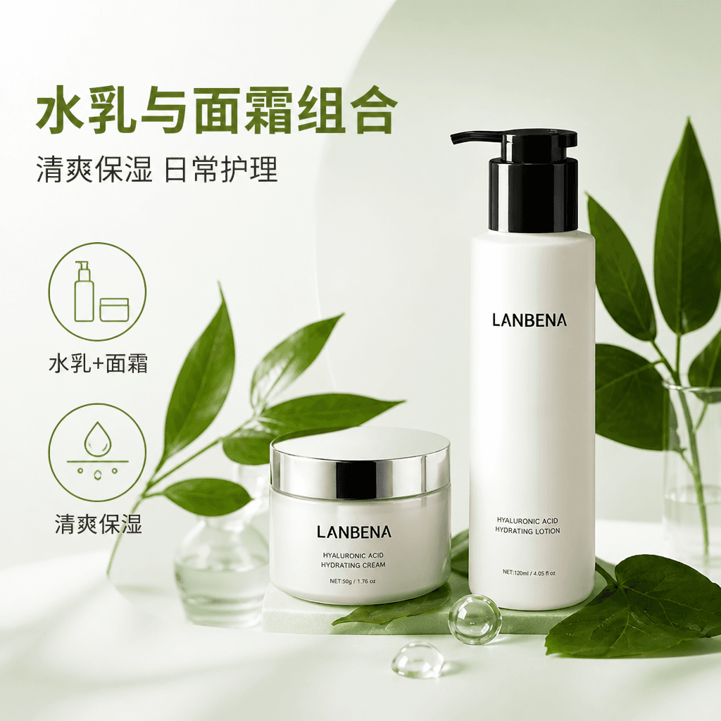 Three-step routine and key-benefit graphic for the LANBENA hydration care set