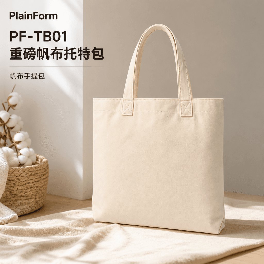 暖色自然光中完整展示 PlainForm 米白帆布托特包和简短型号信息的淘宝天猫商品主图