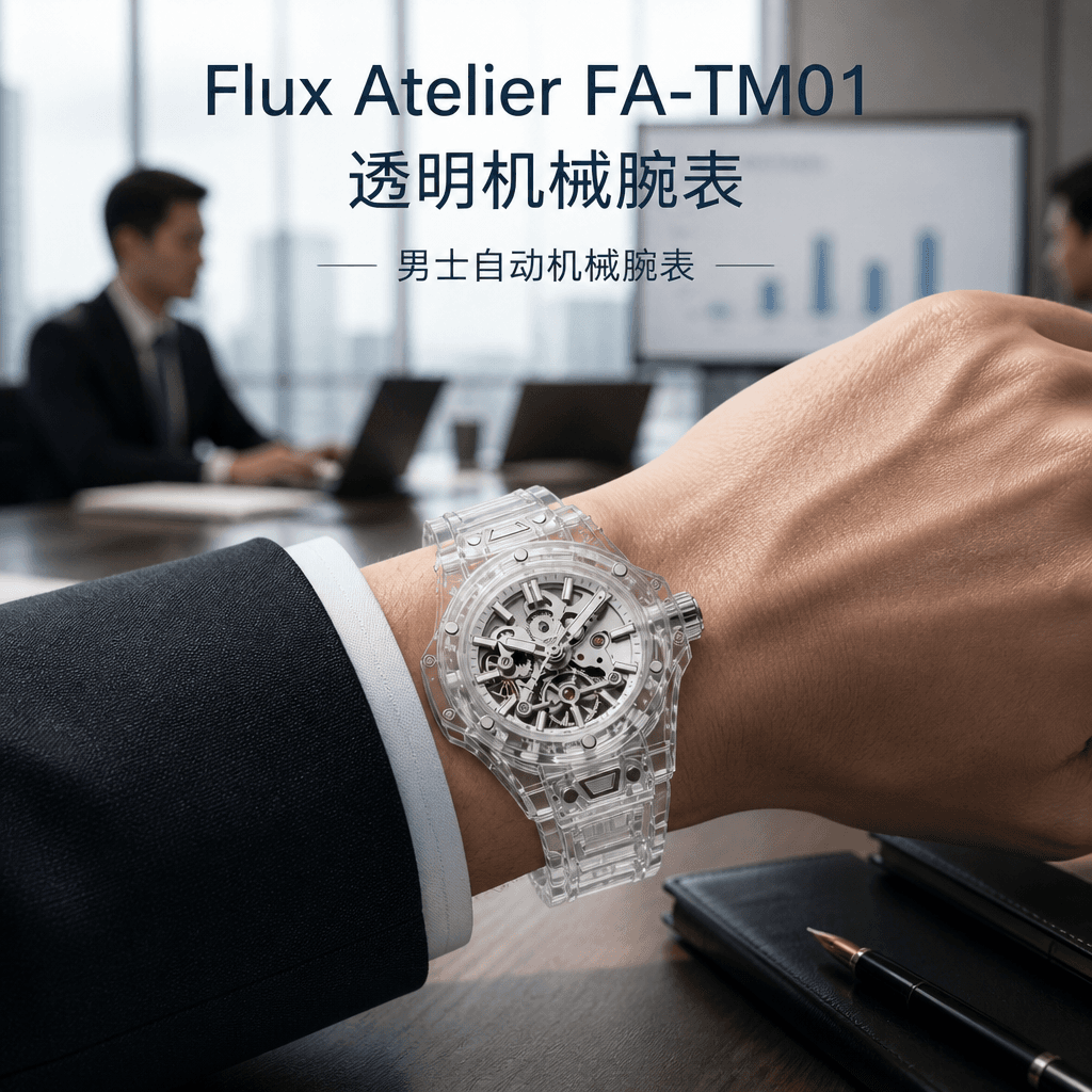 A man wearing the Flux Atelier transparent mechanical watch in a commuting setting