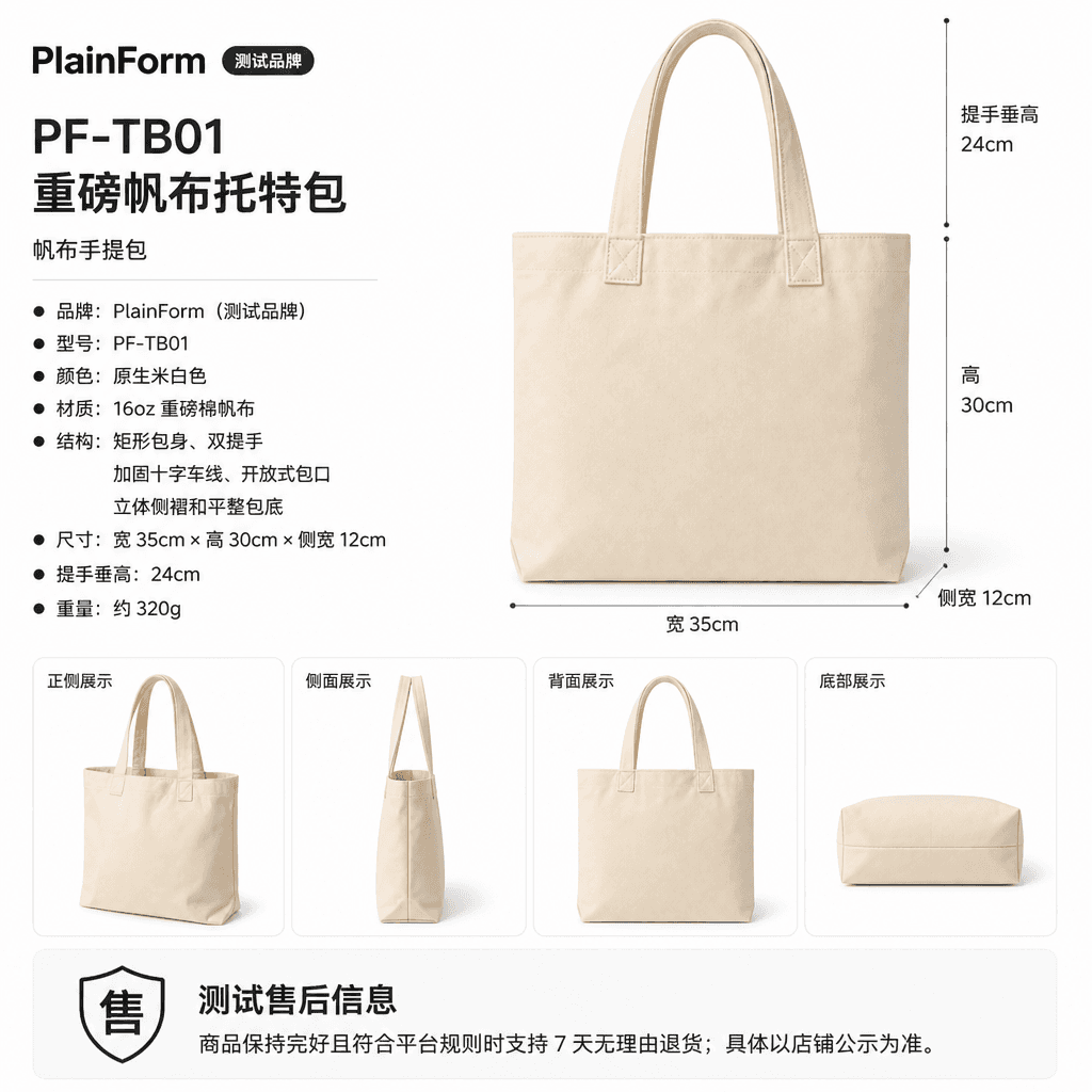 Front, side, back, and base views of the PlainForm natural-canvas tote