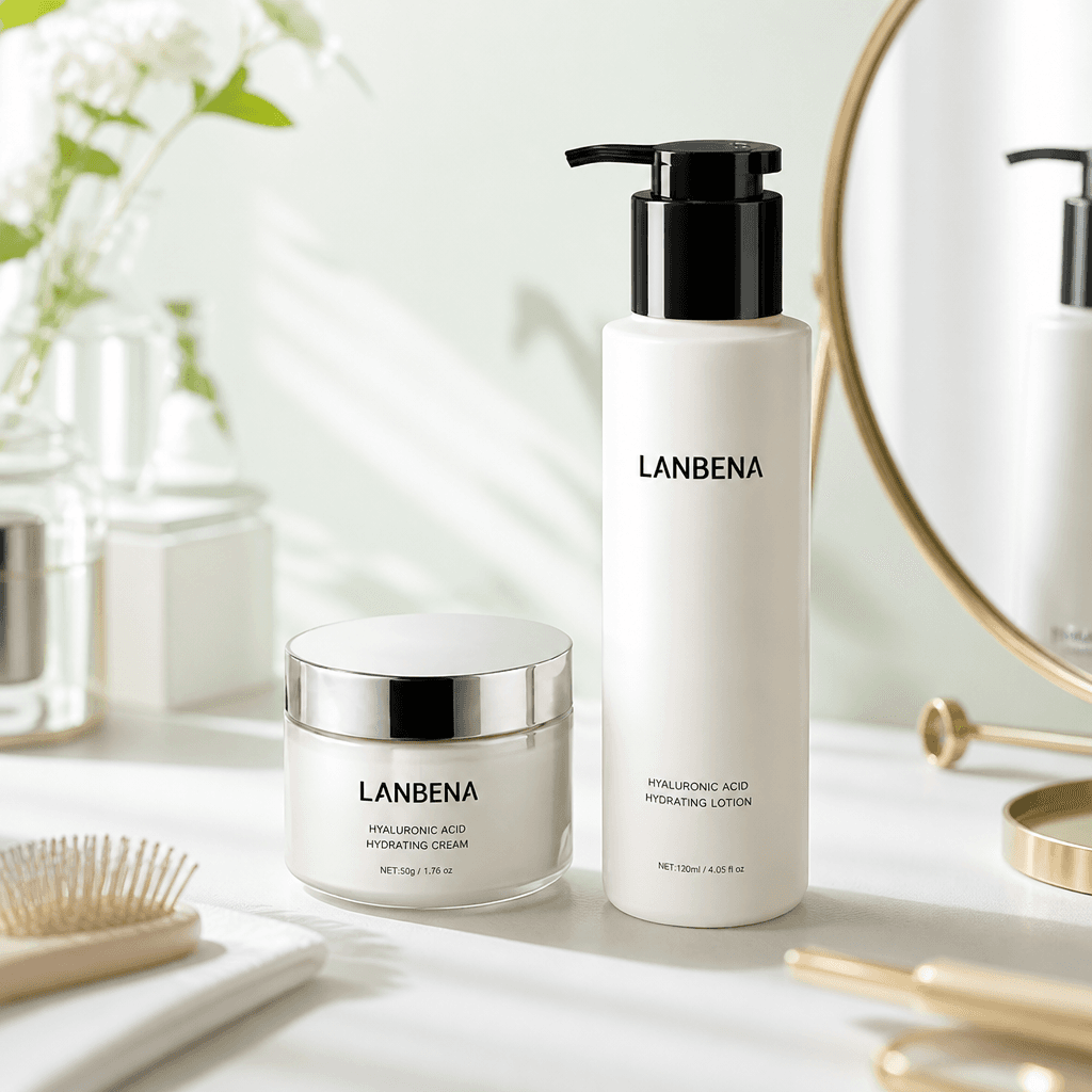 The LANBENA hydration care set arranged on a dressing table