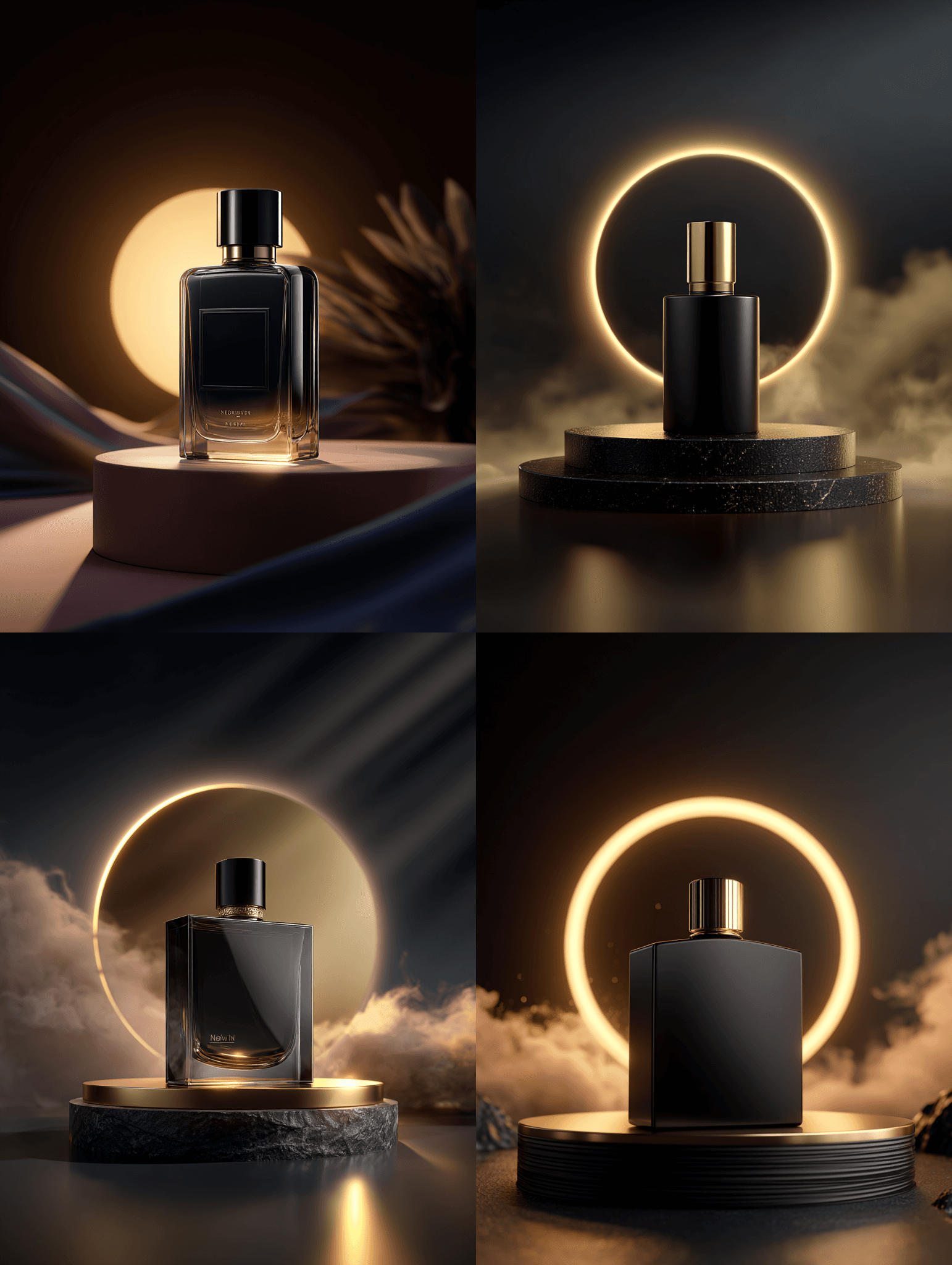 Obsidian-glass fragrance bottle framed by a golden halo