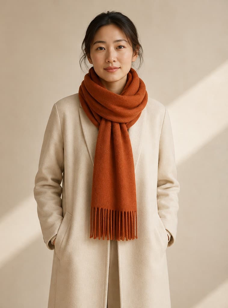 Model wearing the same rust-orange scarf