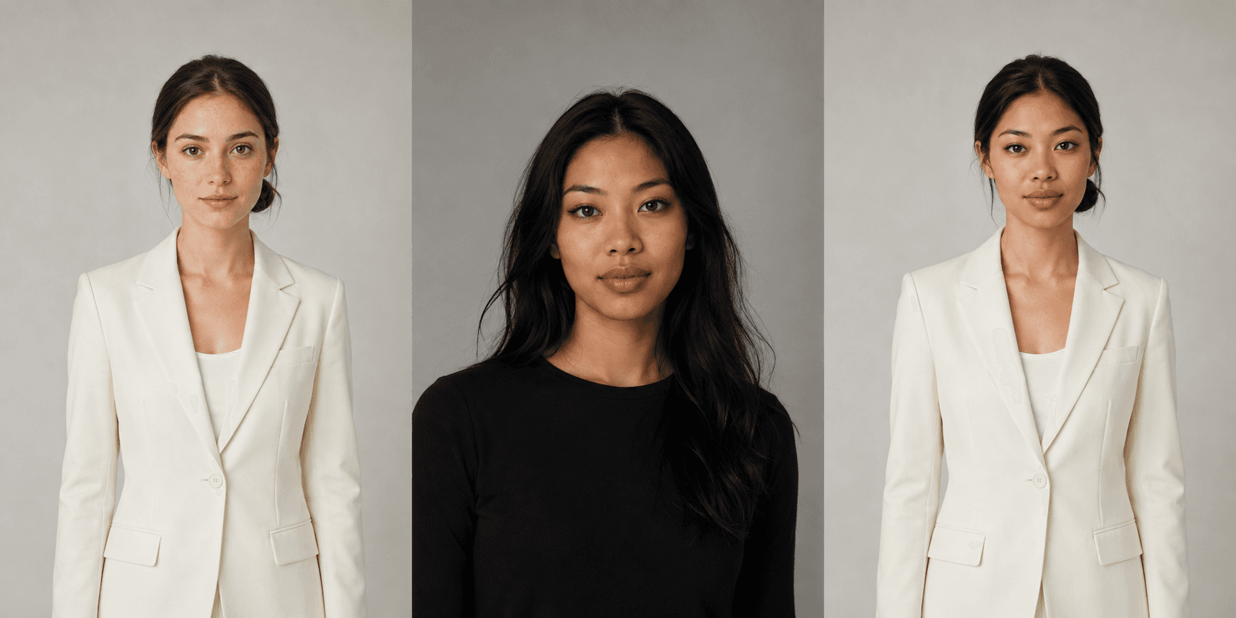 Original female model, face reference, and face-swapped result preserving the model's outfit and pose: original model