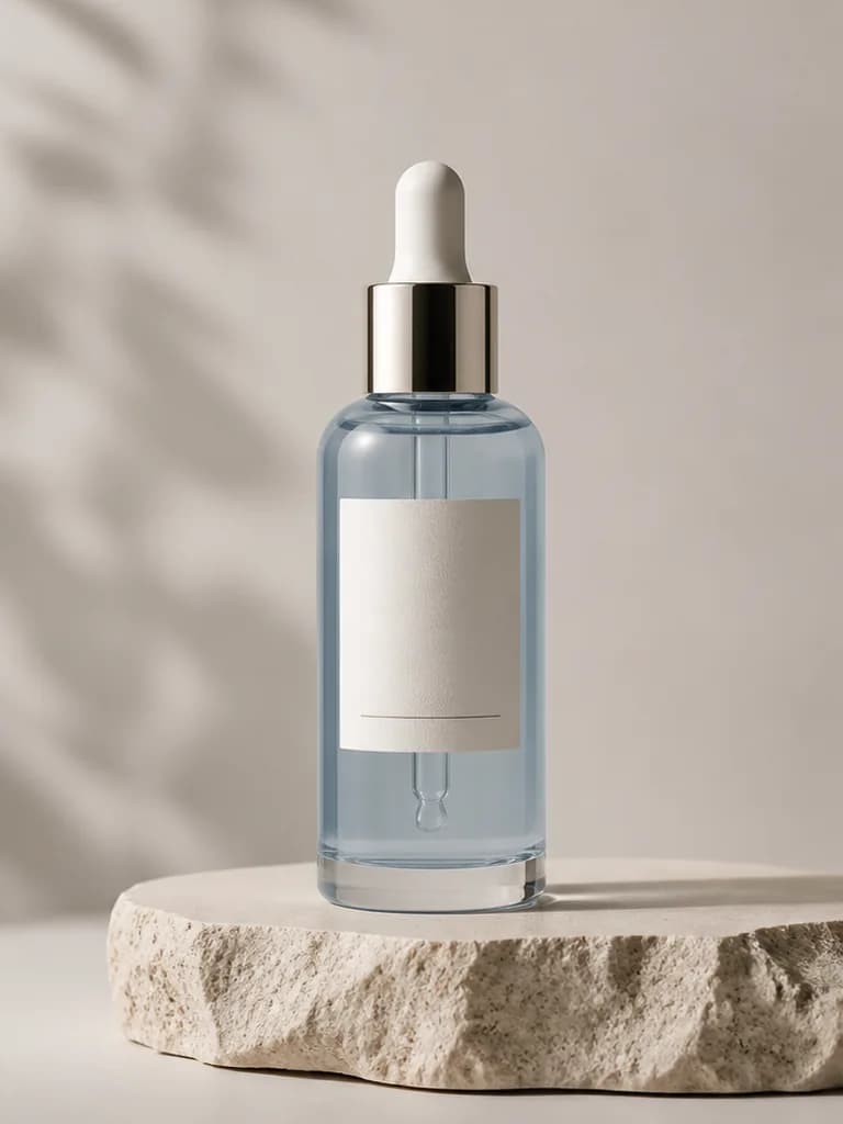 Mist-blue serum bottle with material and label preserved