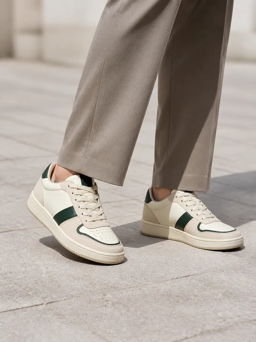 Lower-leg model wearing the same sneakers in a street scene