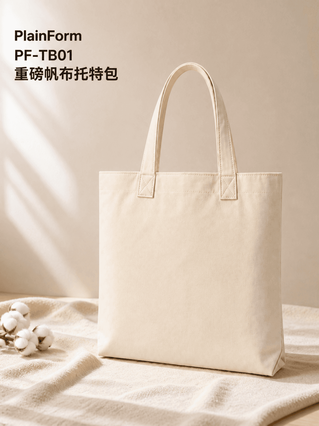 完整展示 PlainForm 米白帆布托特包、品牌型号与短标题的淘宝天猫 3:4 搜索首图