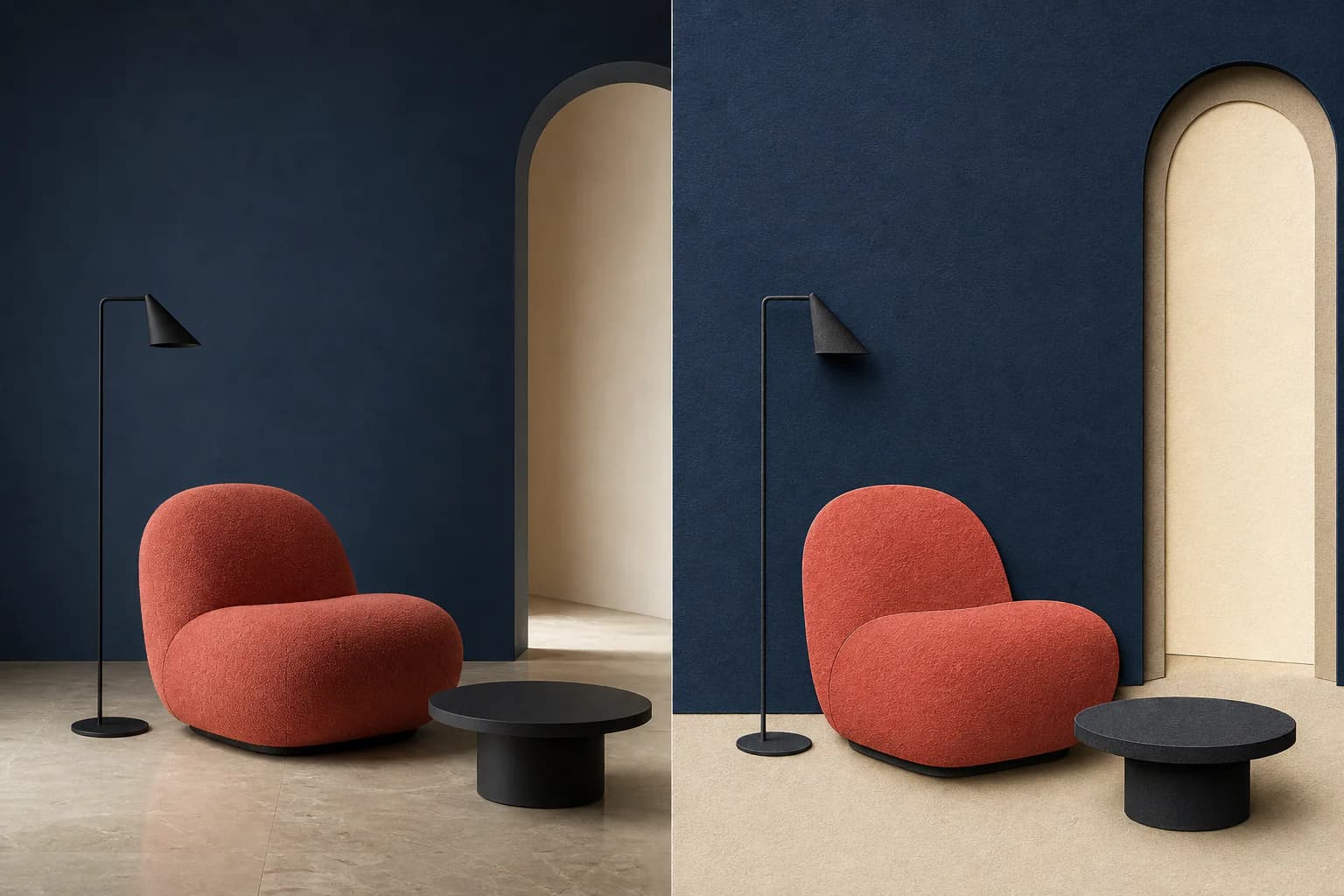 Matched diptych of the same red lounge-chair interior, photographed on the left and rendered as paper art on the right