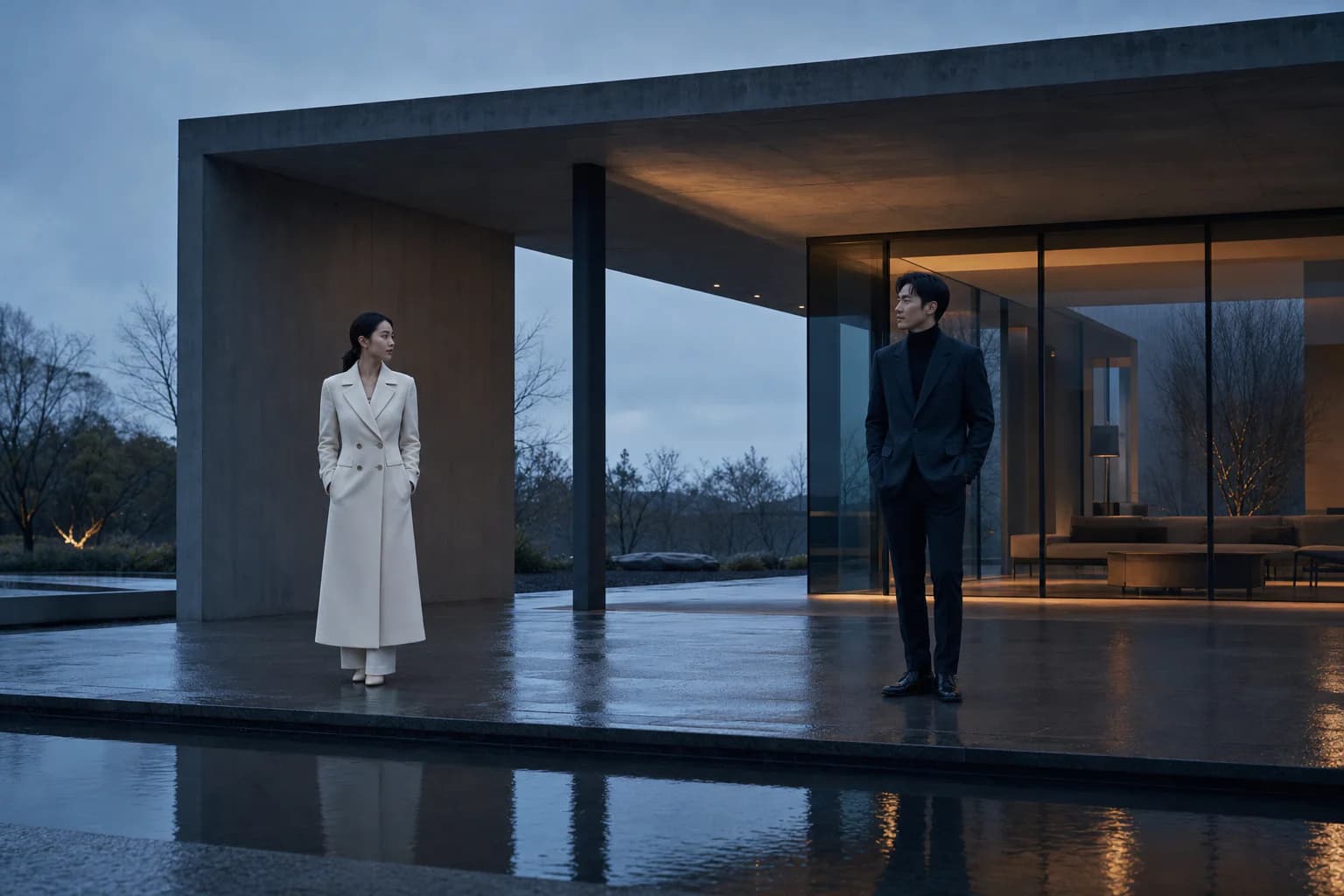 Woman in an ivory coat and man in a dark suit facing each other across a modern pavilion at blue hour