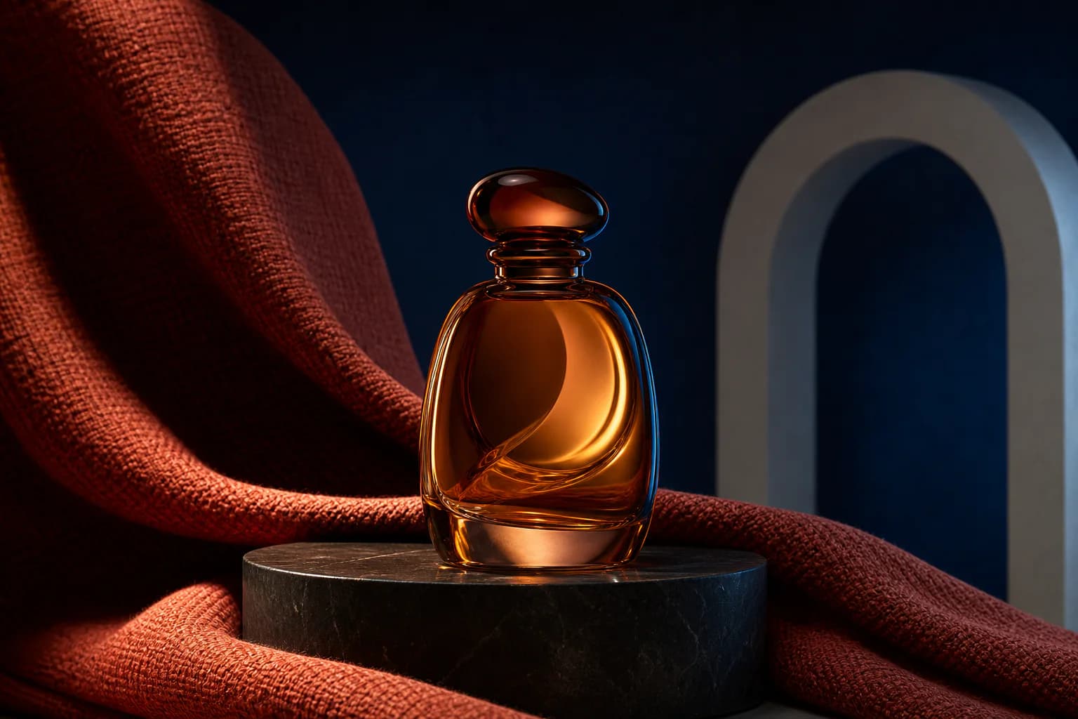 Amber glass fragrance bottle composed with coral textile and an architectural arch on a dark blue set