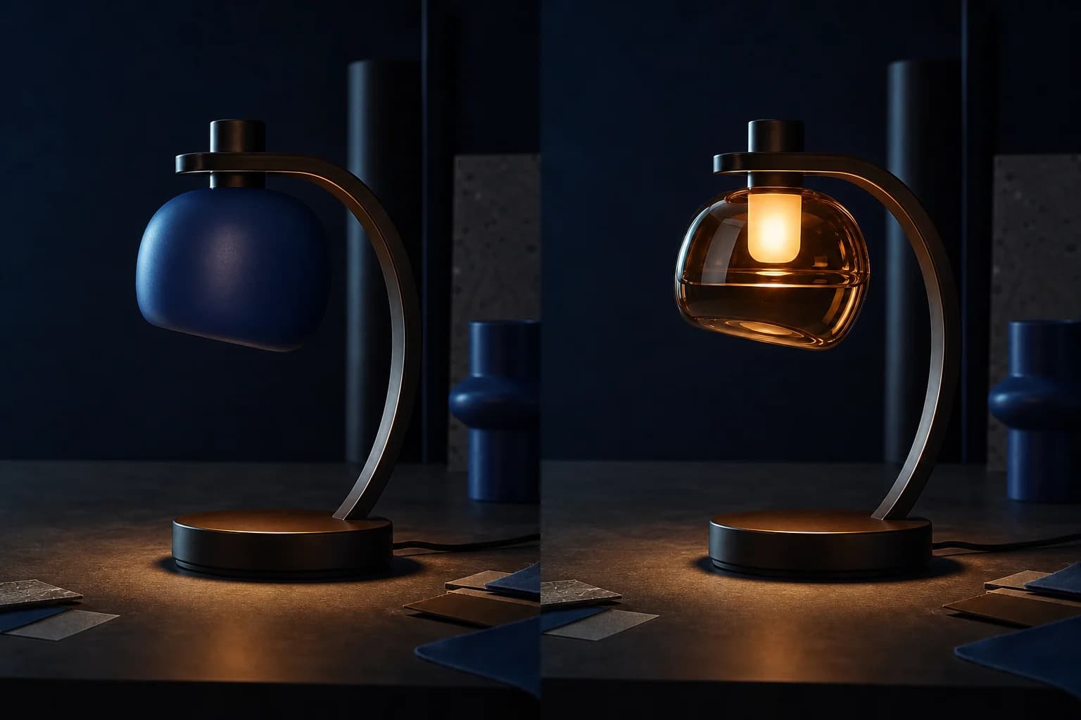 Illustrative creative scenario: a diptych of the same curved desk lamp from one camera, with a cobalt ceramic shade on the left and translucent amber glass on the right