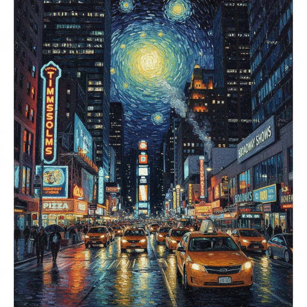 An oil-painted city at night