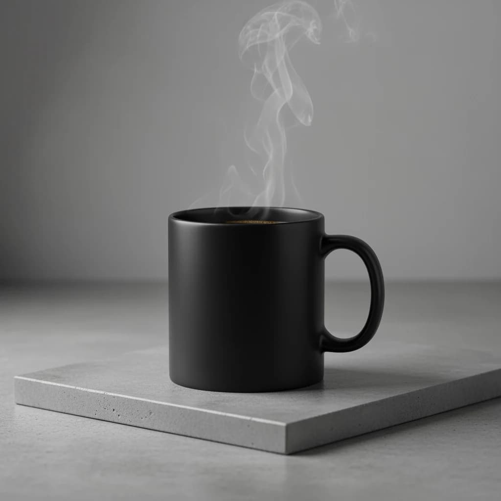 A black ceramic mug product photography scene