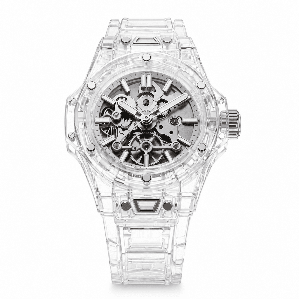 Full view of the Flux Atelier transparent mechanical watch on a neutral background