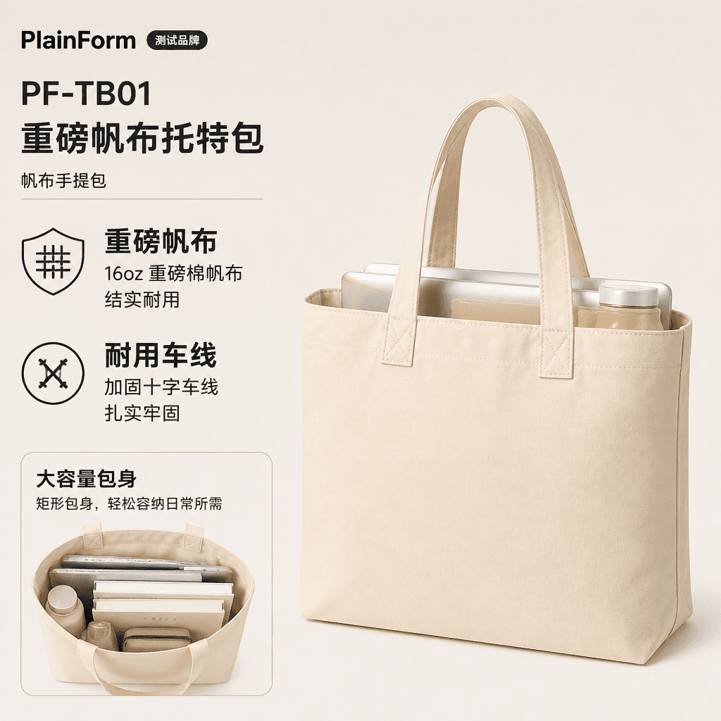 同时呈现重磅帆布、加固车线和容量信息的 PlainForm 托特包卖点汇总图