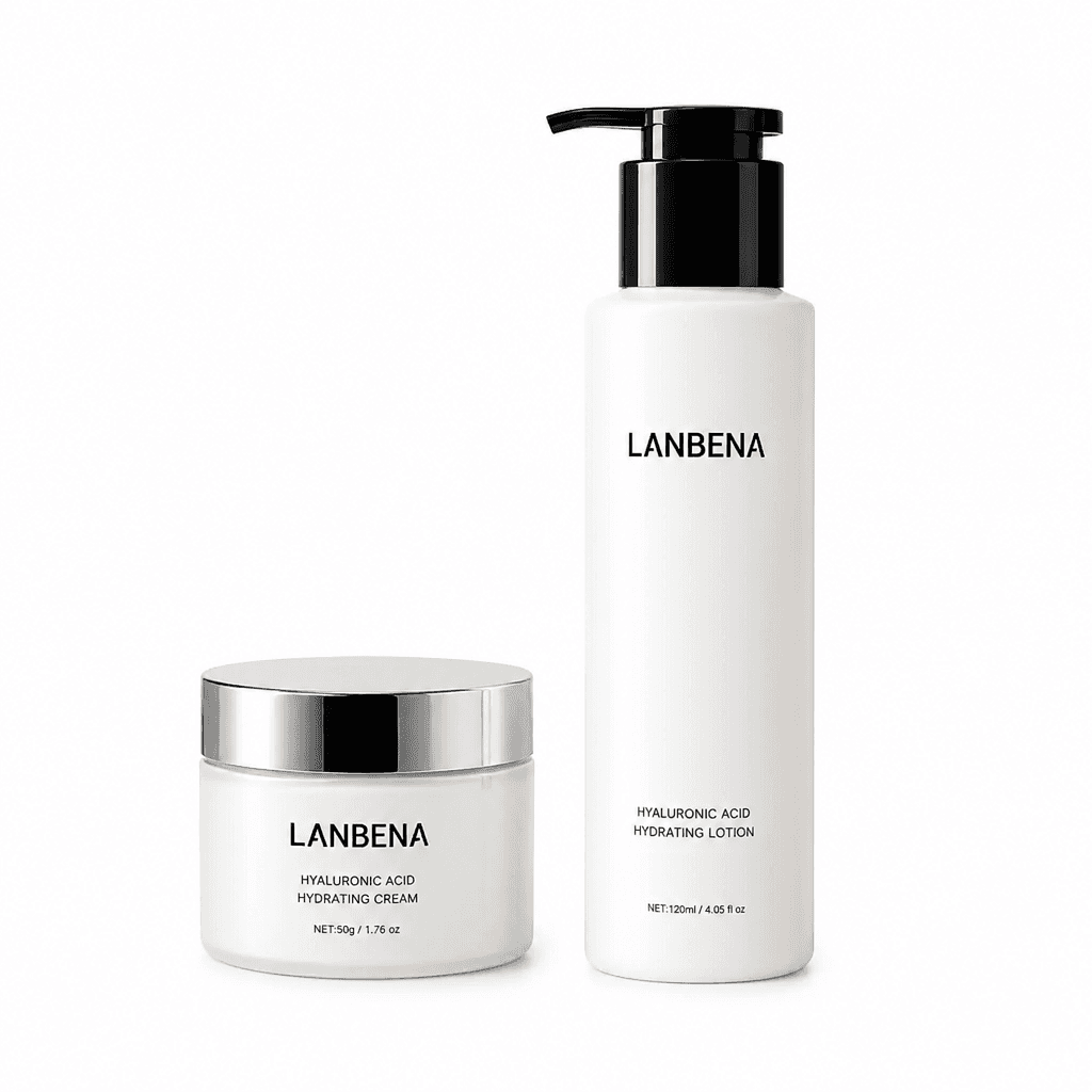 LANBENA hydrating lotion bottle and cream jar on a white background