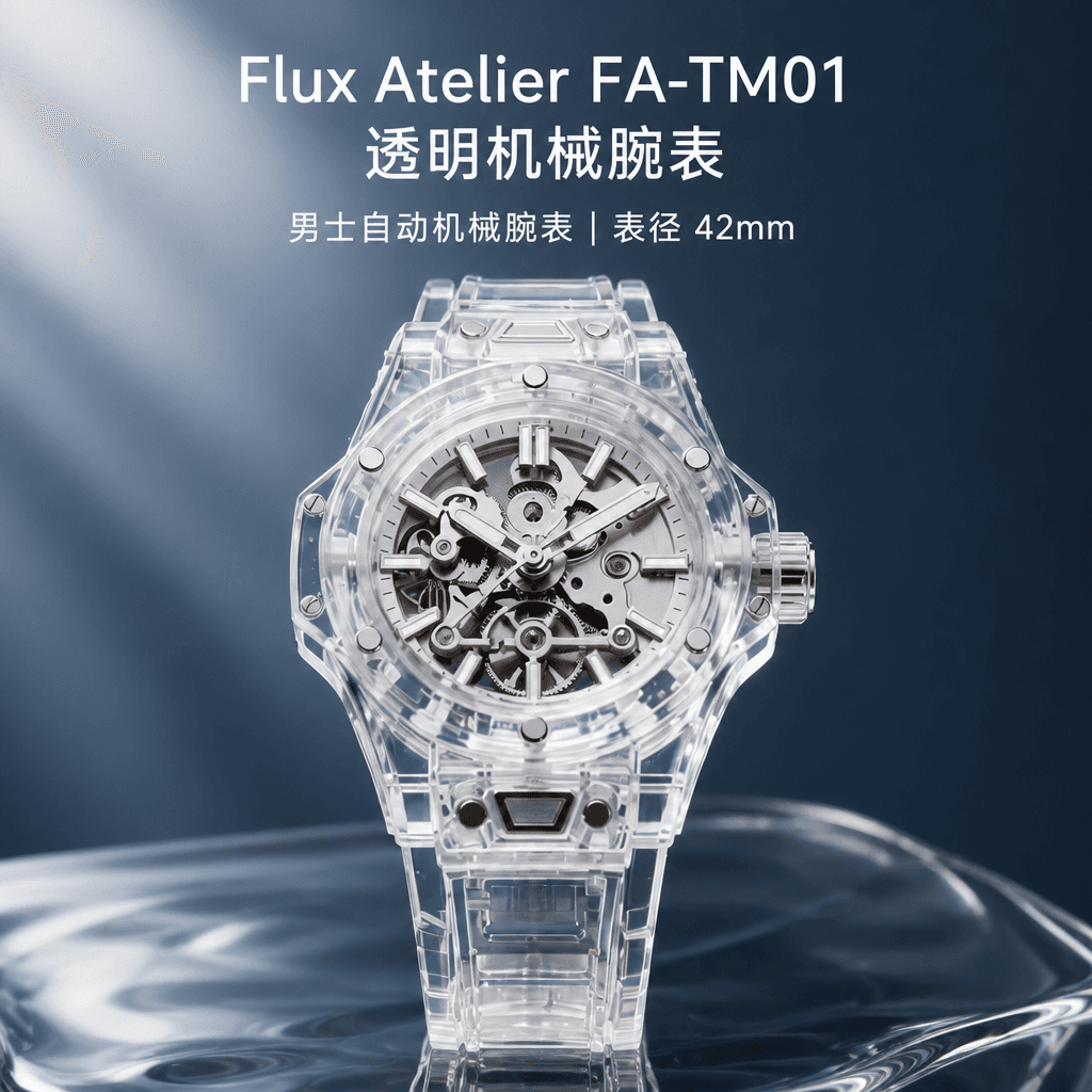 Product hero of the Flux Atelier transparent mechanical watch on a dark textured background