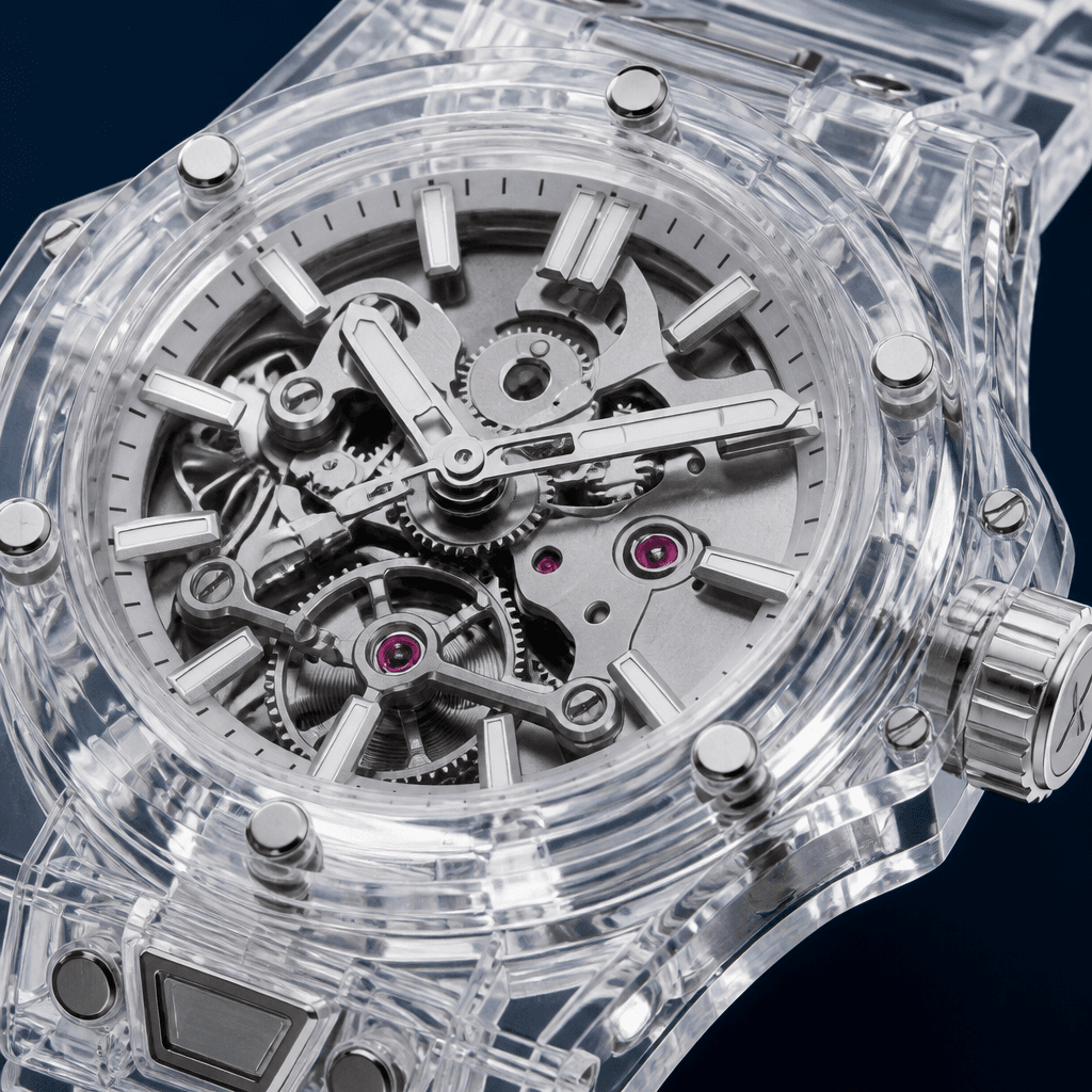 Transparent movement construction of Flux Atelier transparent mechanical watch