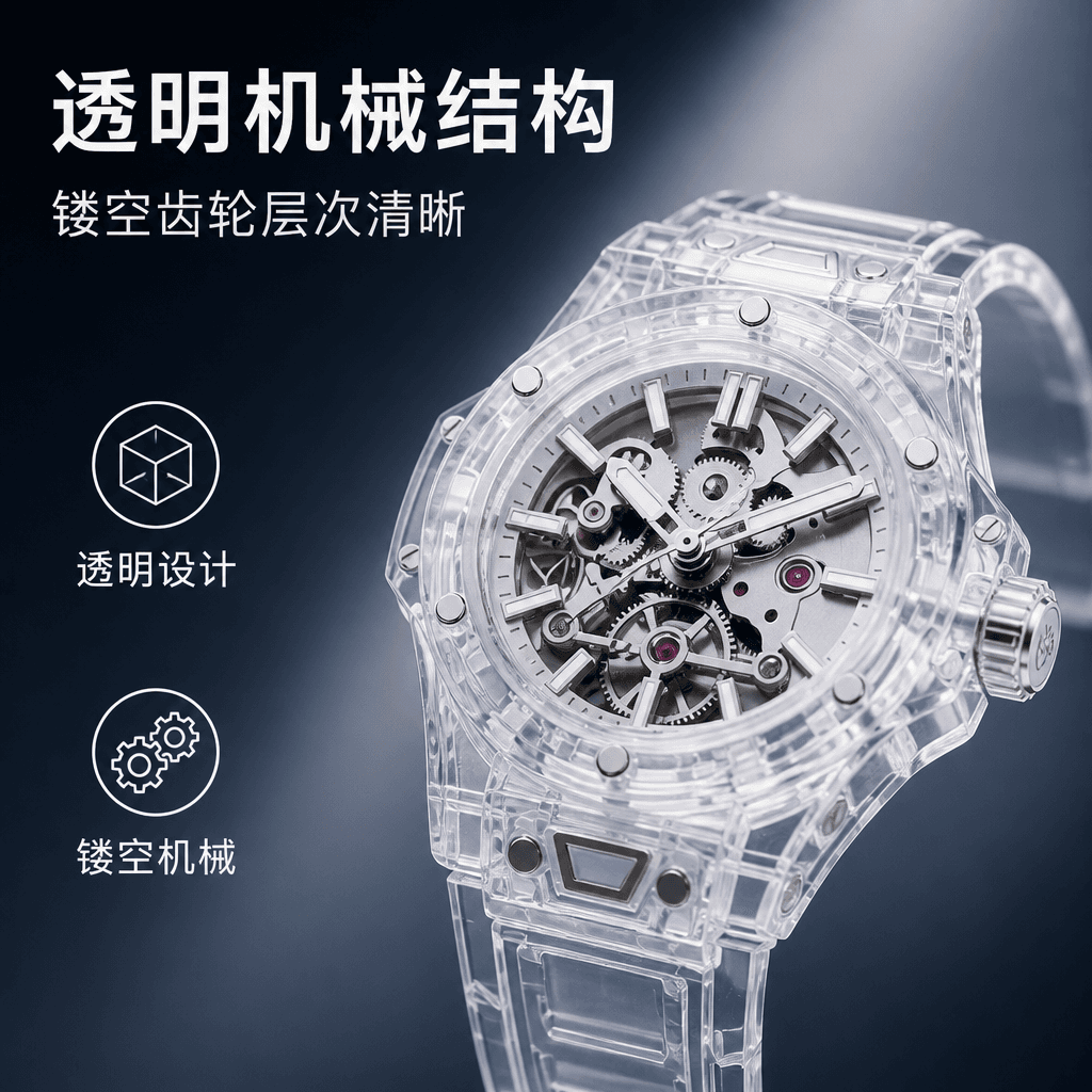Case size, movement, and material specifications for the Flux Atelier transparent mechanical watch