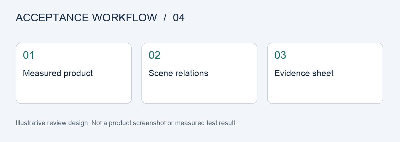 Review furniture proportions against real specifications, check scene relationships, and record supporting evidence. Do not infer actual dimensions from generated pixels.
