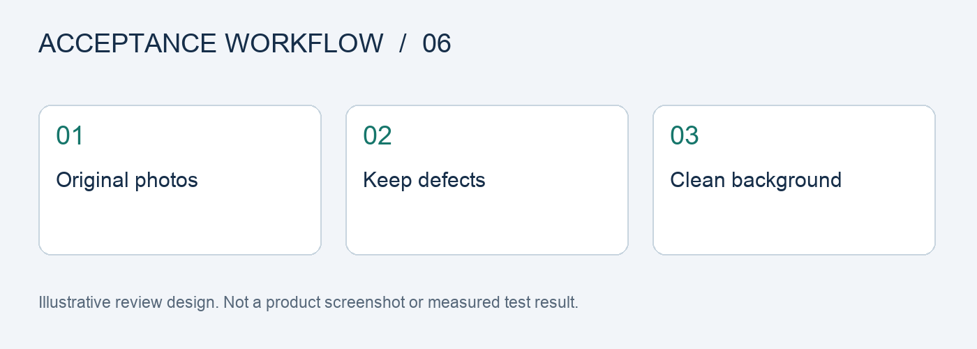 Preserve condition evidence while cleaning used product images: save the original, mark flaws, and handle background edits separately.